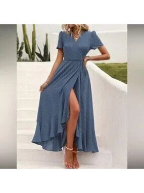 Elegant Dusty Blue Wrap Dress